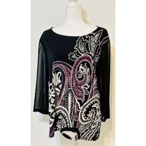 Chicos Travelers Women Size 2 (L) 3/4  Sheer Sleeve Paisley Top Boho Whimsigoth